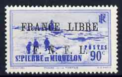 St Pierre & Miquelon 1941-42 France Libre opt on 90c ultramarine mtd mint SG 278, stamps on , stamps on  stamps on st pierre & miquelon 1941-42 france libre opt on 90c ultramarine mtd mint sg 278