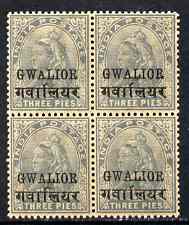 Indian States - Gwalior 1899-1911 QV 3p grey block of 4 overall toning but unmounted mint SG 39