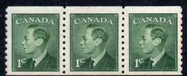 Canada 1950 KG6 coil 1c green imperf x perf 9.5 strip of 3 mtd mint SG 429, stamps on , stamps on  stamps on , stamps on  stamps on  kg6 , stamps on  stamps on 