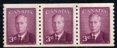 Canada 1950 KG6 coil 3c purple imperf x perf 9.5 strip of 3 mtd mint SG 430, stamps on , stamps on  stamps on , stamps on  stamps on  kg6 , stamps on  stamps on 