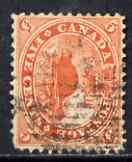 Quebec 1859 Beaver 5c deep red fine used but trimmed perf SG32, stamps on 