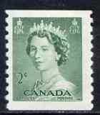 Canada 1953 QEII 2c green coil stamp (imperf x perf 9.5) unmounted mint SG 455 (pairs available pro rata), stamps on 