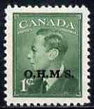 Canada 1949-50 KG6 Official 1c green opt'd OHMS mtd mint SG O172, stamps on , stamps on  kg6 , stamps on 