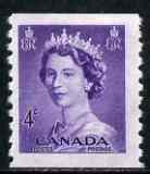 Canada 1953 QEII 4c violet coil stamp (imperf x perf 9.5) unmounted mint SG 457 (pairs available pro rata), stamps on , stamps on  stamps on canada 1953 qeii 4c violet coil stamp (imperf x perf 9.5) unmounted mint sg 457 (pairs available pro rata)