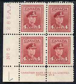 Canada 1942-48 KG6 War effort 4c corner Plate No.5 block of 4, 2 stamps unmounted mint as SG380, stamps on , stamps on  stamps on , stamps on  stamps on  kg6 , stamps on  stamps on 