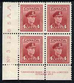 Canada 1942-48 KG6 War effort 4c corner Plate No.3 block of 4, 2 stamps unmounted mint, 2 with paper adhesion, as SG380, stamps on , stamps on  stamps on , stamps on  stamps on  kg6 , stamps on  stamps on 