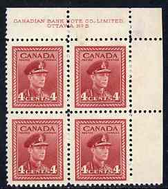 Canada 1942-48 KG6 War effort 4c corner imprint block of 4, 3 stamps unmounted mint as SG380, stamps on , stamps on  kg6 , stamps on 