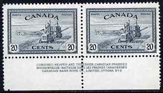 Canada 1946-47 KG6 Peace 20c Combine Harvester marginal pair with imprint from Re-conversion to Peace set unmounted mint SG404, stamps on , stamps on  kg6 , stamps on  ww2 , stamps on 