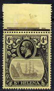 St Helena 1922-37 KG5 Badge MCA 4d marginal single with variety Top frameline broken above & to right of rock, (stamp 8) unmounted mint SG 92var, stamps on , stamps on  kg5 , stamps on ships, stamps on 