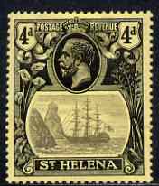 St Helena 1922-37 KG5 Badge MCA 4d single with variety Top frameline broken above & to right of rock, (stamp 8) mtd mint SG 92var, stamps on , stamps on  kg5 , stamps on ships, stamps on 
