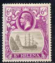 St Helena 1922-37 KG5 Badge Script 6d single with variety Bottom vignette frame line broken at left, thinned at centre and left frame line weak at top of rock (stamp 20) ..., stamps on , stamps on  kg5 , stamps on ships, stamps on 