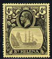 St Helena 1922-37 KG5 Badge MCA 4d single with variety Top vignette frame line broken, Scratch across 3 lines of shading in front of rock and thin scratch through hull (s..., stamps on , stamps on  kg5 , stamps on ships, stamps on 
