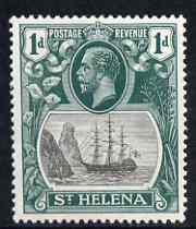 St Helena 1922-37 KG5 Badge Script 1d single with variety Diagonal scratch in front of rock, 12th line of shading broken between main 7 mizzen masts and frame line weak a..., stamps on , stamps on  kg5 , stamps on ships, stamps on 