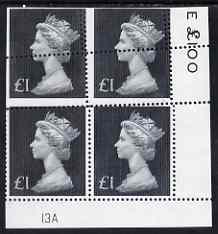 Great Britain 1972-96 Machin £1 grey-black plate block of 4 with superb misplaced perfs unmounted mint, stamps on 