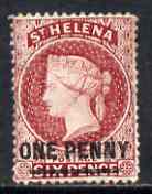 St Helena 1864-73 QV Crown CC P14 1d lake mounted mint but closed tear SG27, stamps on , stamps on  qv , stamps on 