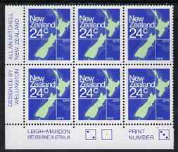 New Zealand 1982 Map Stamp 24c P14.5 x 14 corner plate block of 6 (Print No.3) unmounted mint SG1261, stamps on 