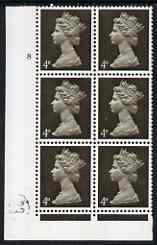 Great Britain 1967-70 Machin 4d sepia 2 bands cyl 8 no dot block of 6 unmounted mint , stamps on 