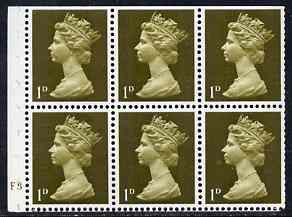 Great Britain 1967-70 Machin 1d olive booklet pane of 6 with cyl F3 no dot unmounted mint, stamps on , stamps on  stamps on booklet pane - great britain 1967-70 machin 1d olive booklet pane of 6 with cyl f3 no dot unmounted mint