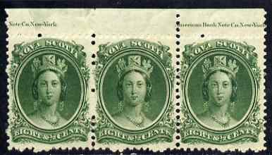 Nova Scotia 1863 QV 8.5c green marginal strip of 3 with part imprint mounted mint, SG14, stamps on , stamps on  qv , stamps on 