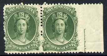 Nova Scotia 1863 QV 8.5c green marginal pair with part imprint mounted mint, SG14, stamps on , stamps on  qv , stamps on 