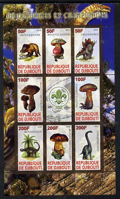 Djibouti 2010 Dinosaurs & Mushrooms #2 perf sheetlet containing 8 values plus label with Scout logo unmounted mint, stamps on dinosaurs, stamps on fungi, stamps on scouts