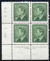 Canada 1949-51 KG6 1c green (with Postage Postes) corner plate No.1 block of 4 unmounted mint, SG 414, stamps on , stamps on  kg6 , stamps on 