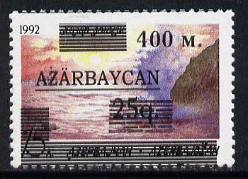 Azerbaijan 1994 400m on 25q on unissued 15k (Caspian Sea) unmounted mint, stamps on , stamps on  stamps on tourism