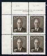 Canada 1949-51 KG6 2c sepia (with Postage Postes) corner plate No.1 block of 4 unmounted mint, SG 415, stamps on , stamps on  kg6 , stamps on 