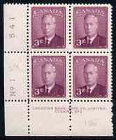 Canada 1949-51 KG6 3c purple (with Postage Postes) corner plate No.1 block of 4 unmounted mint, SG 416, stamps on , stamps on  stamps on , stamps on  stamps on  kg6 , stamps on  stamps on 