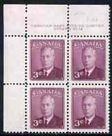 Canada 1949-51 KG6 3c purple (with Postage Postes) corner plate No.14 block of 4 unmounted mint, SG 416, stamps on , stamps on  stamps on , stamps on  stamps on  kg6 , stamps on  stamps on 