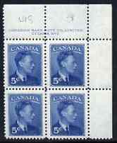 Canada 1949-51 KG6 5c blue (with Postage Postes) corner plate No.3 block of 4 unmounted mint, SG 418, stamps on , stamps on  kg6 , stamps on 