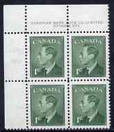 Canada 1950 KG6 1c green (without Postage Postes) corner plate No.1 block of 4 unmounted mint, SG 424, stamps on , stamps on  stamps on , stamps on  stamps on  kg6 , stamps on  stamps on 