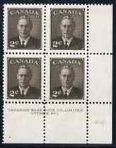 Canada 1950 KG6 2c sepia (without Postage Postes) corner plate No.1 block of 4 unmounted mint, SG 425, stamps on , stamps on  stamps on , stamps on  stamps on  kg6 , stamps on  stamps on 