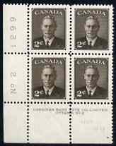 Canada 1950 KG6 2c sepia (without Postage Postes) corner plate No.2 block of 4 unmounted mint, SG 425, stamps on , stamps on  kg6 , stamps on 