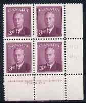 Canada 1950 KG6 3c purple (without Postage Postes) corner plate No.2 block of 4 unmounted mint, SG 426, stamps on , stamps on  kg6 , stamps on 