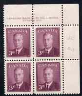 Canada 1950 KG6 3c purple (without Postage Postes) corner plate No.1 block of 4 unmounted mint, SG 426, stamps on , stamps on  kg6 , stamps on 