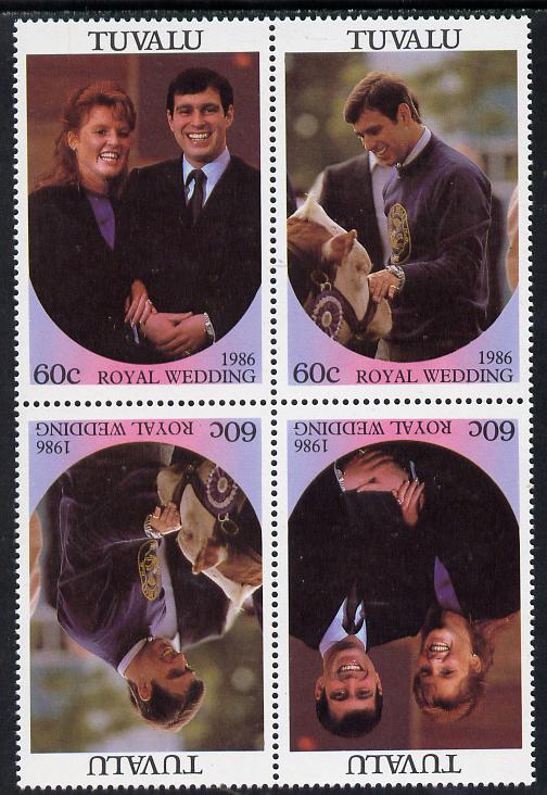 Tuvalu 1986 Royal Wedding (Andrew & Fergie) 60c in unissued perf tete-beche block of 4 (2 se-tenant pairs) unmounted mint, stamps on , stamps on  stamps on royalty, stamps on  stamps on andrew, stamps on  stamps on fergie, stamps on  stamps on 