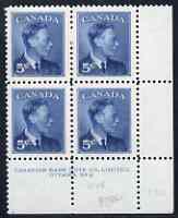 Canada 1950 KG6 5c blue (without Postage Postes) corner plate No.2 block of 4 unmounted mint, SG 428, stamps on , stamps on  kg6 , stamps on 