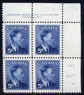 Canada 1950 KG6 5c blue (without Postage Postes) corner plate No.1 block of 4 unmounted mint, SG 428, stamps on , stamps on  kg6 , stamps on 