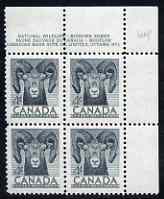 Canada 1953 Wildlife Week 4c Bighorn corner plate No.1 block of 4 unmounted mint, SG 449, stamps on , stamps on  stamps on canada 1953 wildlife week 4c bighorn corner plate no.1 block of 4 unmounted mint, stamps on  stamps on  sg 449