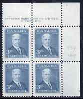 Canada 1951 Prime Ministers 3c Borden corner plate No.2 block of 4 unmounted mint, SG 434, stamps on , stamps on  stamps on canada 1951 prime ministers 3c borden corner plate no.2 block of 4 unmounted mint, stamps on  stamps on  sg 434