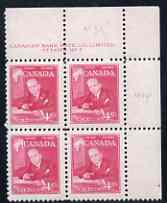 Canada 1951 Prime Ministers 4c MacKenzie King corner plate No.2 block of 4 unmounted mint, SG 435, stamps on , stamps on scots, stamps on scotland