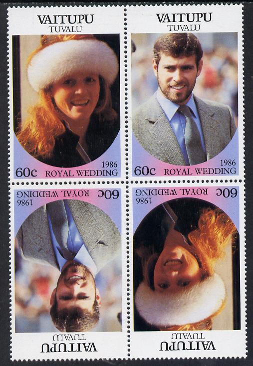 Tuvalu - Vaitupu 1986 Royal Wedding (Andrew & Fergie) 60c in unissued perf tete-beche block of 4 (2 se-tenant pairs) unmounted mint, stamps on royalty, stamps on andrew, stamps on fergie, stamps on 