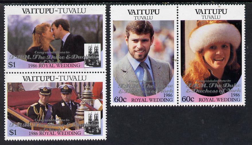 Tuvalu - Vaitupu 1986 Royal Wedding (Andrew & Fergie) set of 4 (2 se-tenant pairs) with 'Congratulations' opt in silver unmounted mint, stamps on , stamps on  stamps on royalty, stamps on  stamps on andrew, stamps on  stamps on fergie, stamps on  stamps on 