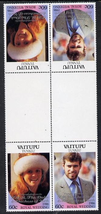 Tuvalu - Vaitupu 1986 Royal Wedding (Andrew & Fergie) 60c with 'Congratulations' opt in silver in unissued perf tete-beche inter-paneau block of 4 (2 se-tenant pairs) unmounted mint from Printer's uncut proof sheet, stamps on , stamps on  stamps on royalty, stamps on  stamps on andrew, stamps on  stamps on fergie, stamps on  stamps on 