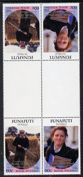 Tuvalu - Funafuti 1986 Royal Wedding (Andrew & Fergie) 60c with Congratulations opt in silver in unissued perf tete-beche inter-paneau block of 4 (2 se-tenant pairs) unmo..., stamps on royalty, stamps on andrew, stamps on fergie, stamps on 