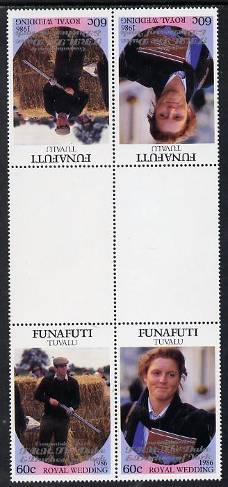 Tuvalu - Funafuti 1986 Royal Wedding (Andrew & Fergie) 60c with 'Congratulations' opt in silver in unissued perf tete-beche inter-paneau block of 4 (2 se-tenant pairs) unmounted mint from Printer's uncut proof sheet, stamps on , stamps on  stamps on royalty, stamps on  stamps on andrew, stamps on  stamps on fergie, stamps on  stamps on 