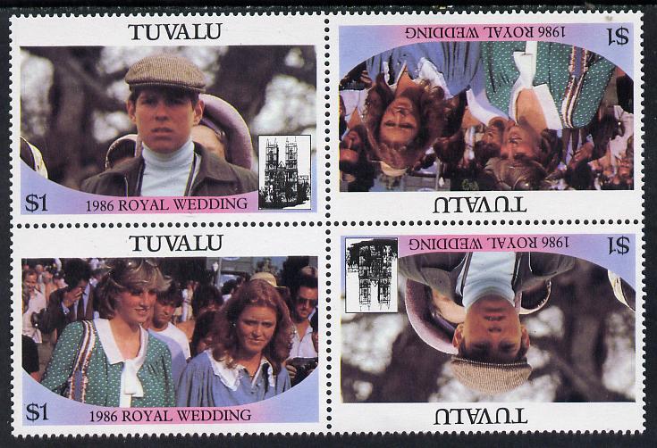 Tuvalu 1986 Royal Wedding (Andrew & Fergie) $1 in unissued perf tete-beche block of 4 (2 se-tenant pairs) unmounted mint from uncut proof sheet, stamps on , stamps on  stamps on royalty, stamps on  stamps on andrew, stamps on  stamps on fergie, stamps on  stamps on diana, stamps on  stamps on 