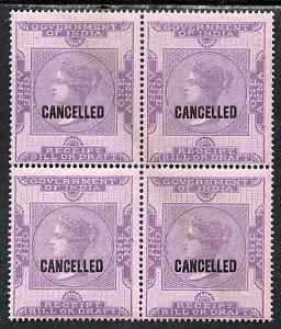 India 1860 QV Receipt Bill or Draft 1a lilac on pink opt'd CANCELLED block of 4 fine with original gum (Revenue), stamps on , stamps on  stamps on , stamps on  stamps on  qv , stamps on  stamps on revenues