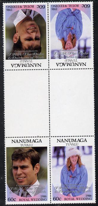 Tuvalu - Nanumaga 1986 Royal Wedding (Andrew & Fergie) 60c with 'Congratulations' opt in silver in unissued perf tete-beche inter-paneau block of 4 (2 se-tenant pairs) unmounted mint from Printer's uncut proof sheet, stamps on , stamps on  stamps on royalty, stamps on  stamps on andrew, stamps on  stamps on fergie, stamps on  stamps on 